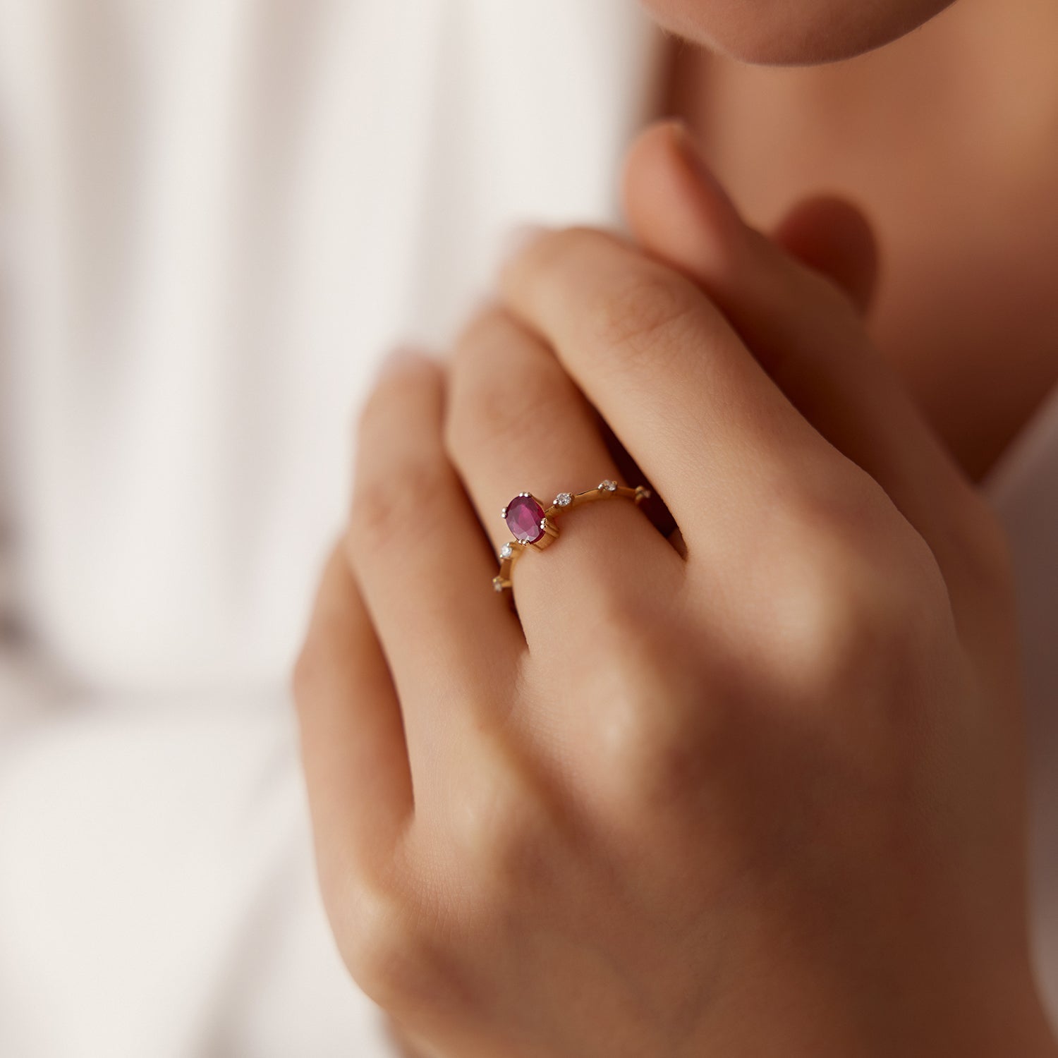 OBFJ2154 - 14k Gold Dainty Diamond Genuine Ruby Ring 4