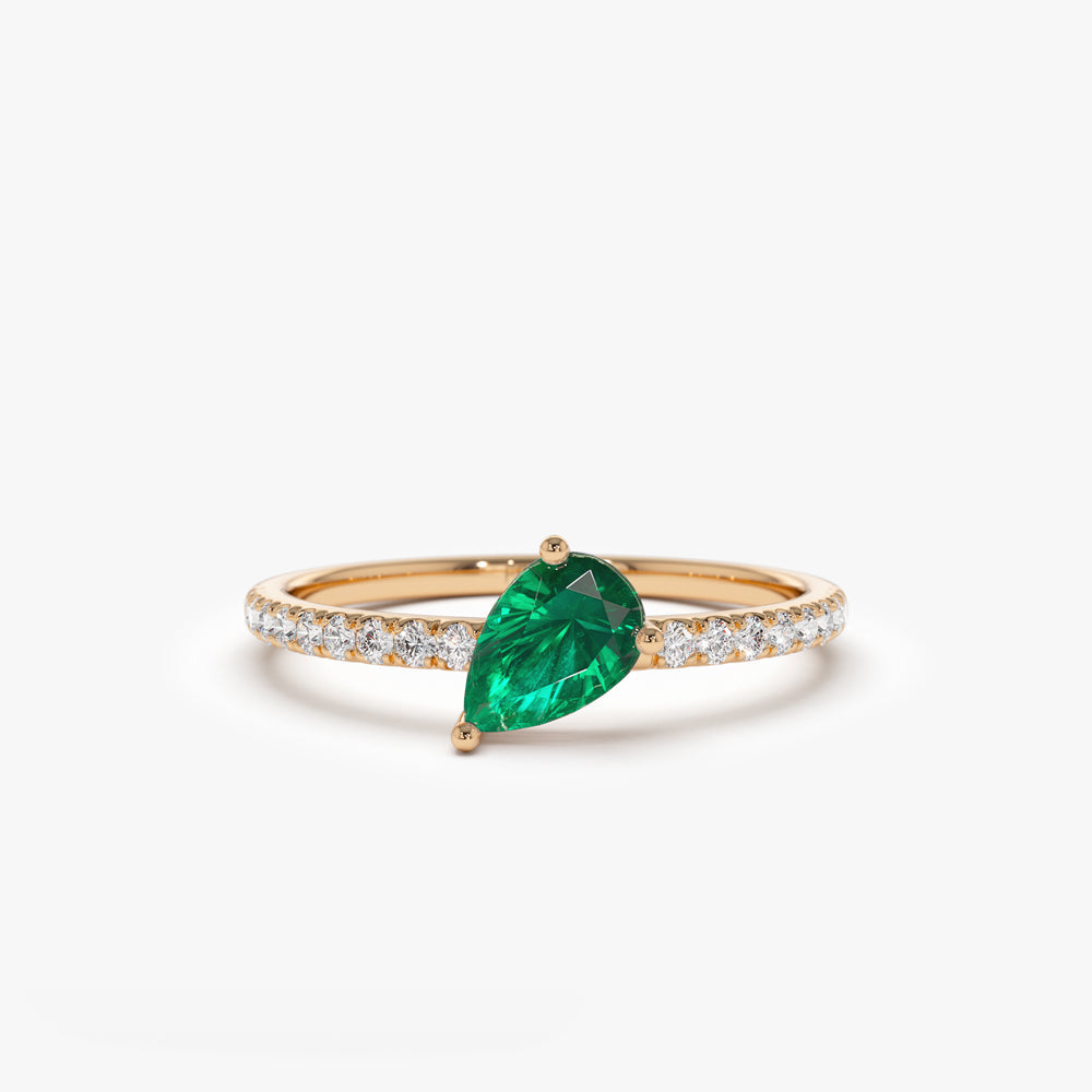 OBFJ2095 - 14k Slanted Pear Shape Emerald Ring with Pave Diamonds 5