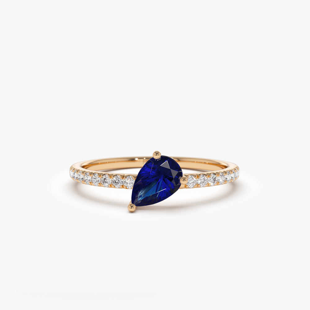 OBFJ2093 - 14k Slanted Pear Shape Sapphire Ring with Pave Diamonds 6