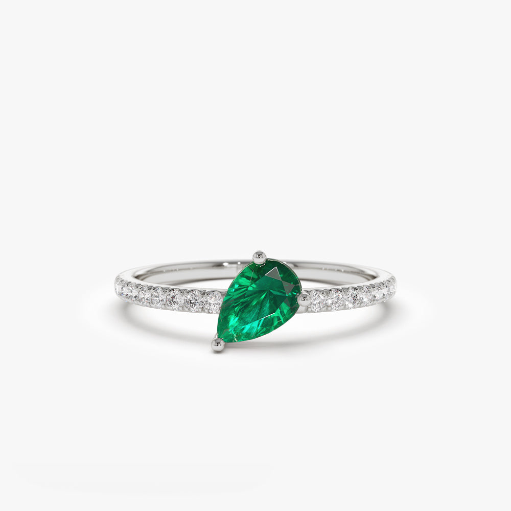 OBFJ2095 - 14k Slanted Pear Shape Emerald Ring with Pave Diamonds 6