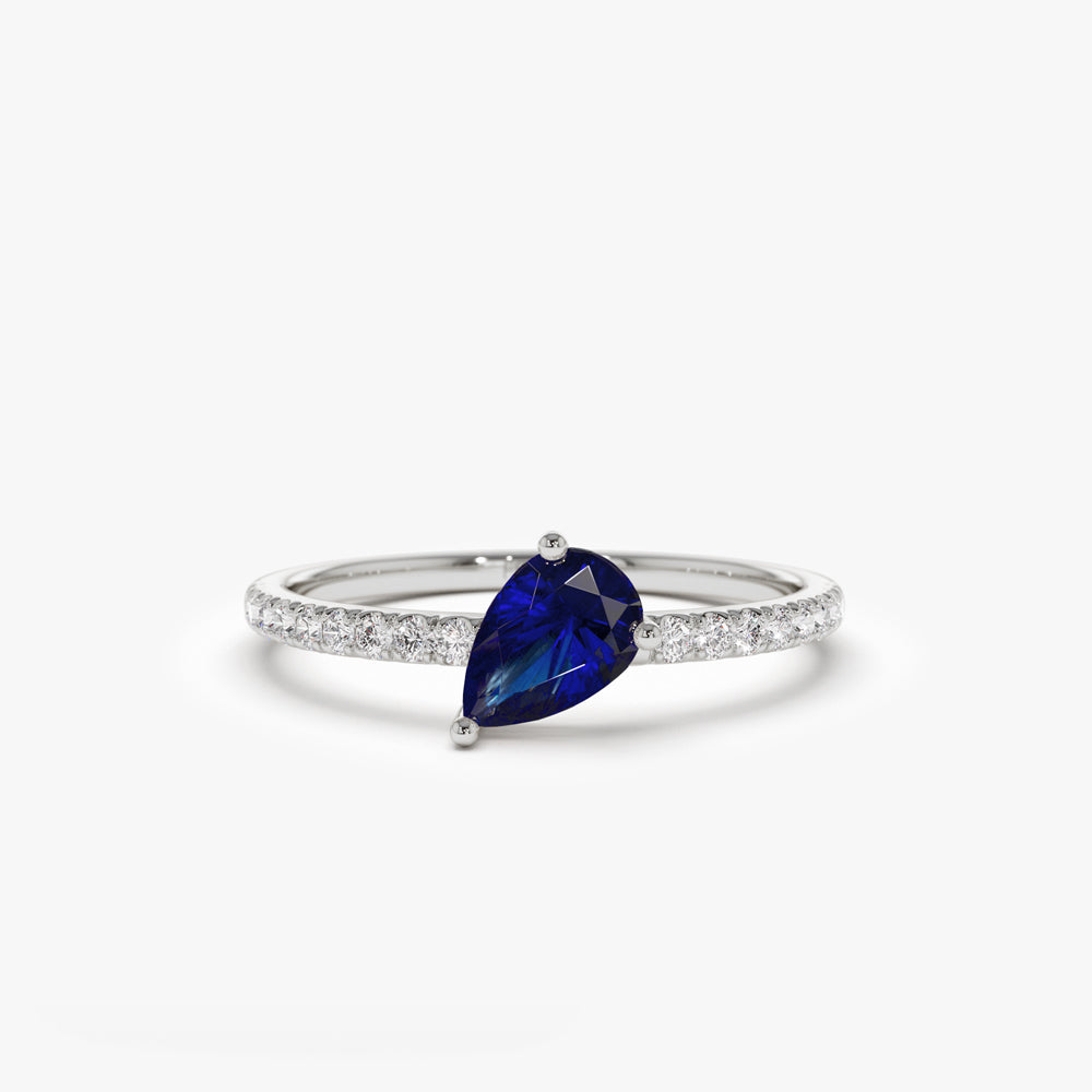 OBFJ2093 - 14k Slanted Pear Shape Sapphire Ring with Pave Diamonds 7