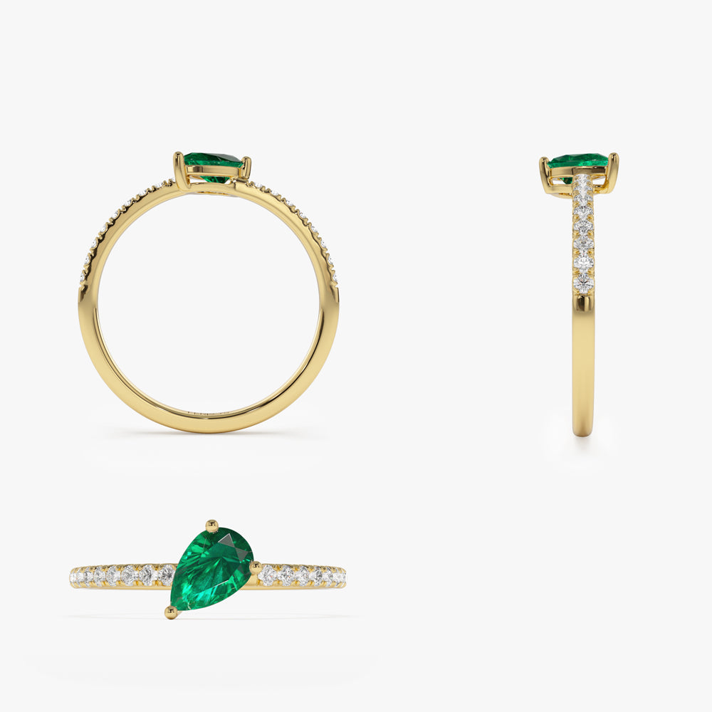 OBFJ2095 - 14k Slanted Pear Shape Emerald Ring with Pave Diamonds 8