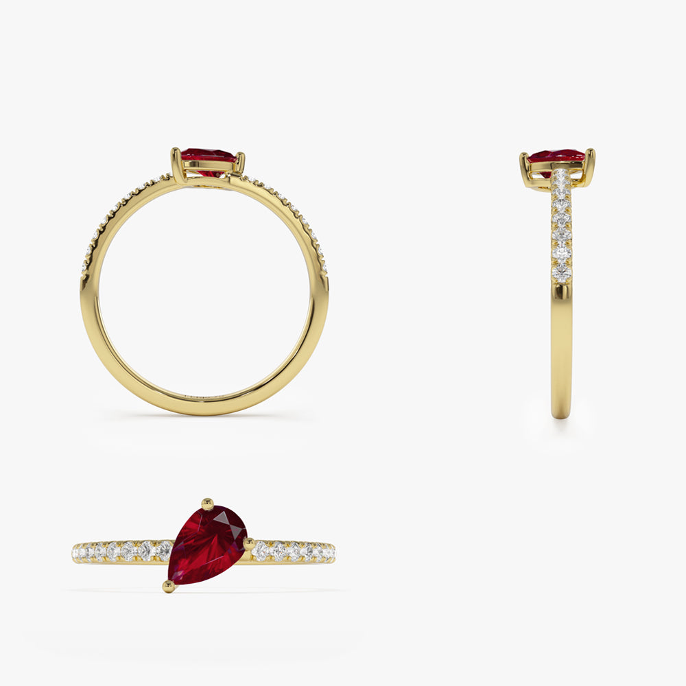 OBFJ2094 - 14k Slanted Pear Shape Ruby Ring with Pave Diamonds 9