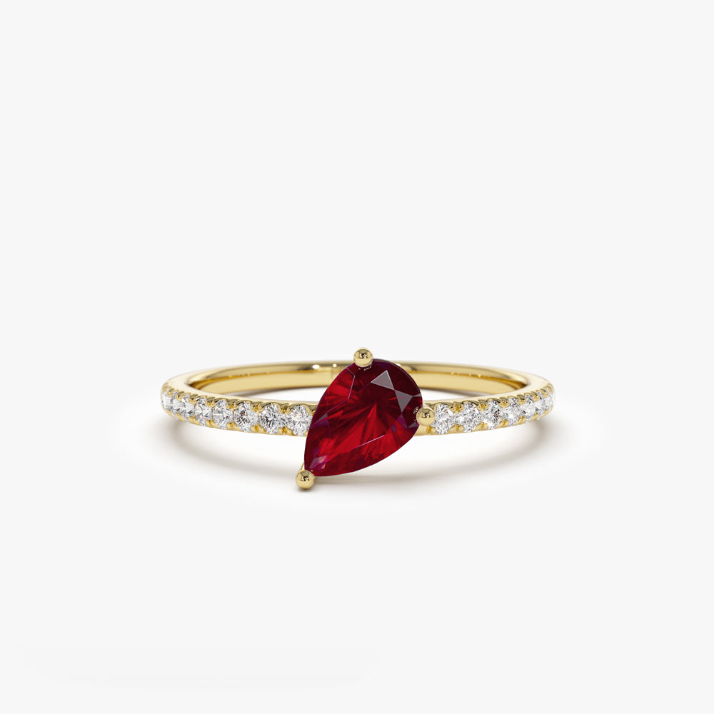 OBFJ2094 - 14k Slanted Pear Shape Ruby Ring with Pave Diamonds 1