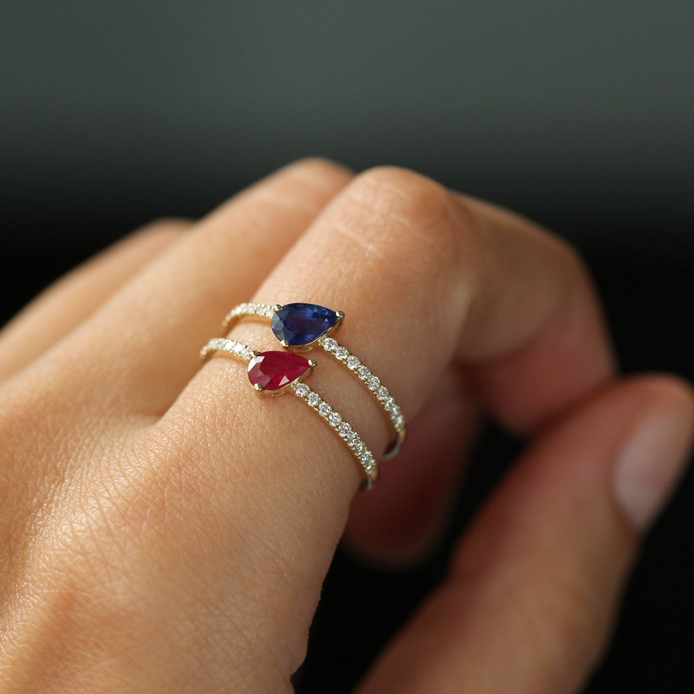 OBFJ2093 - 14k Slanted Pear Shape Sapphire Ring with Pave Diamonds 4
