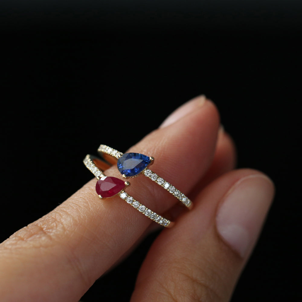 OBFJ2093 - 14k Slanted Pear Shape Sapphire Ring with Pave Diamonds 5
