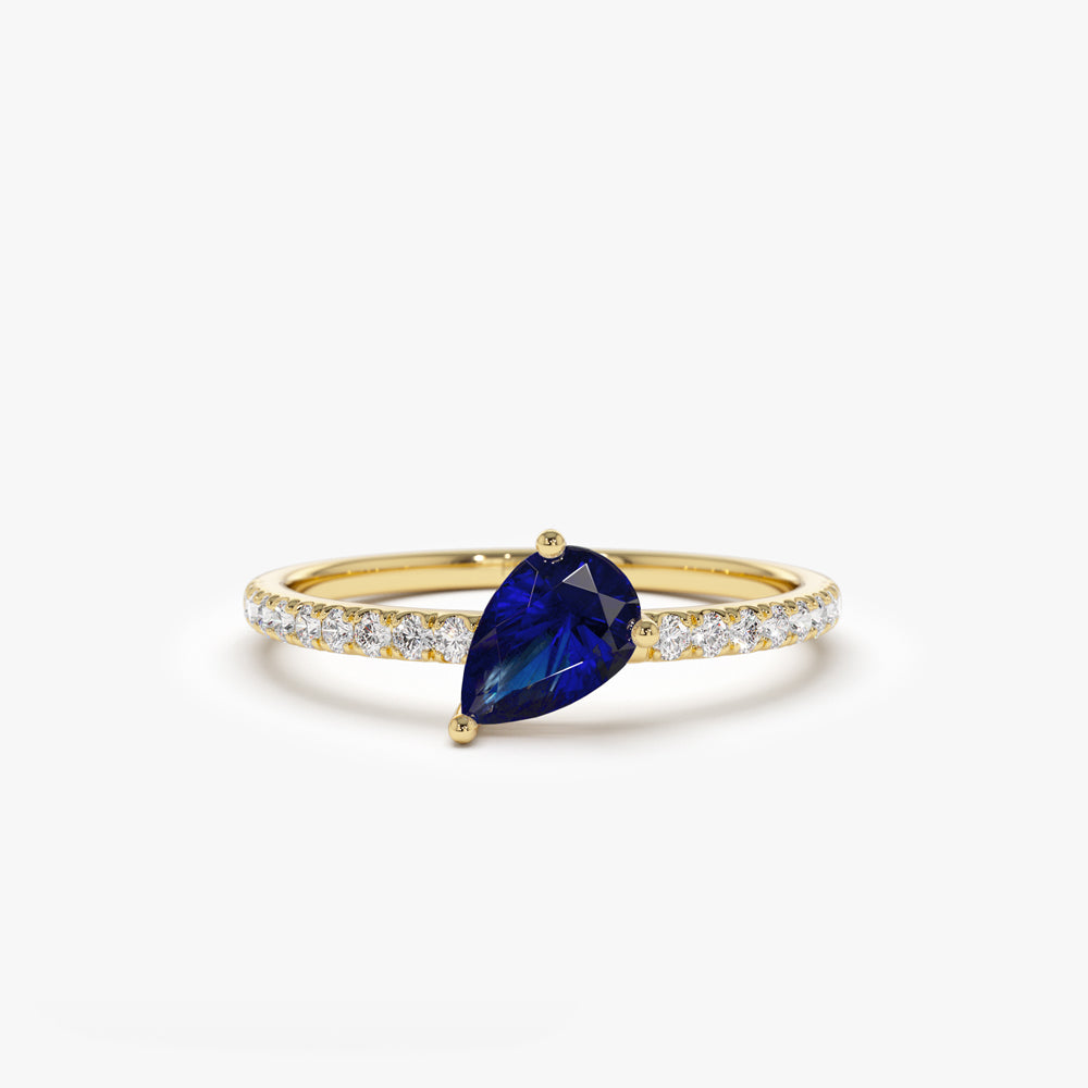 OBFJ2093 - 14k Slanted Pear Shape Sapphire Ring with Pave Diamonds 1