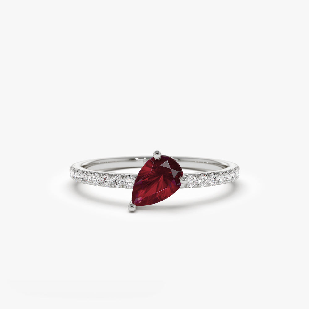 OBFJ2094 - 14k Slanted Pear Shape Ruby Ring with Pave Diamonds 6