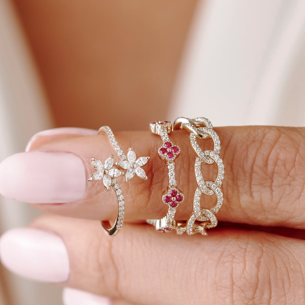 OBFJ2241 - Full Eternity Clover Ruby and Diamond Ring in 14k Gold 4
