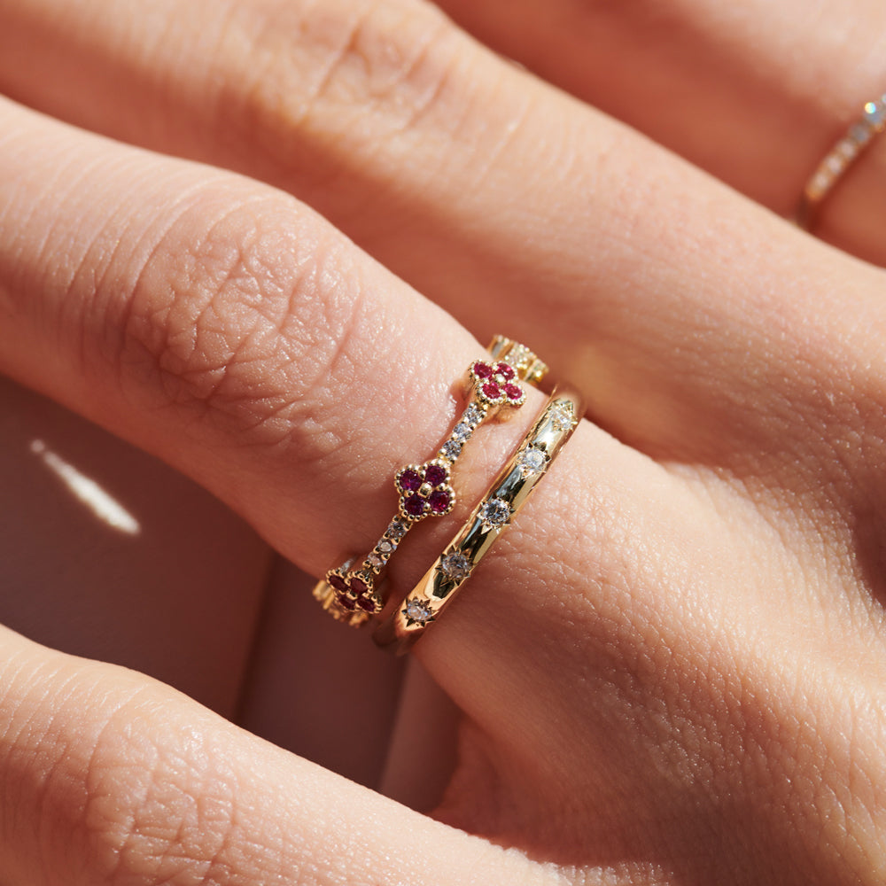 OBFJ2241 - Full Eternity Clover Ruby and Diamond Ring in 14k Gold 2