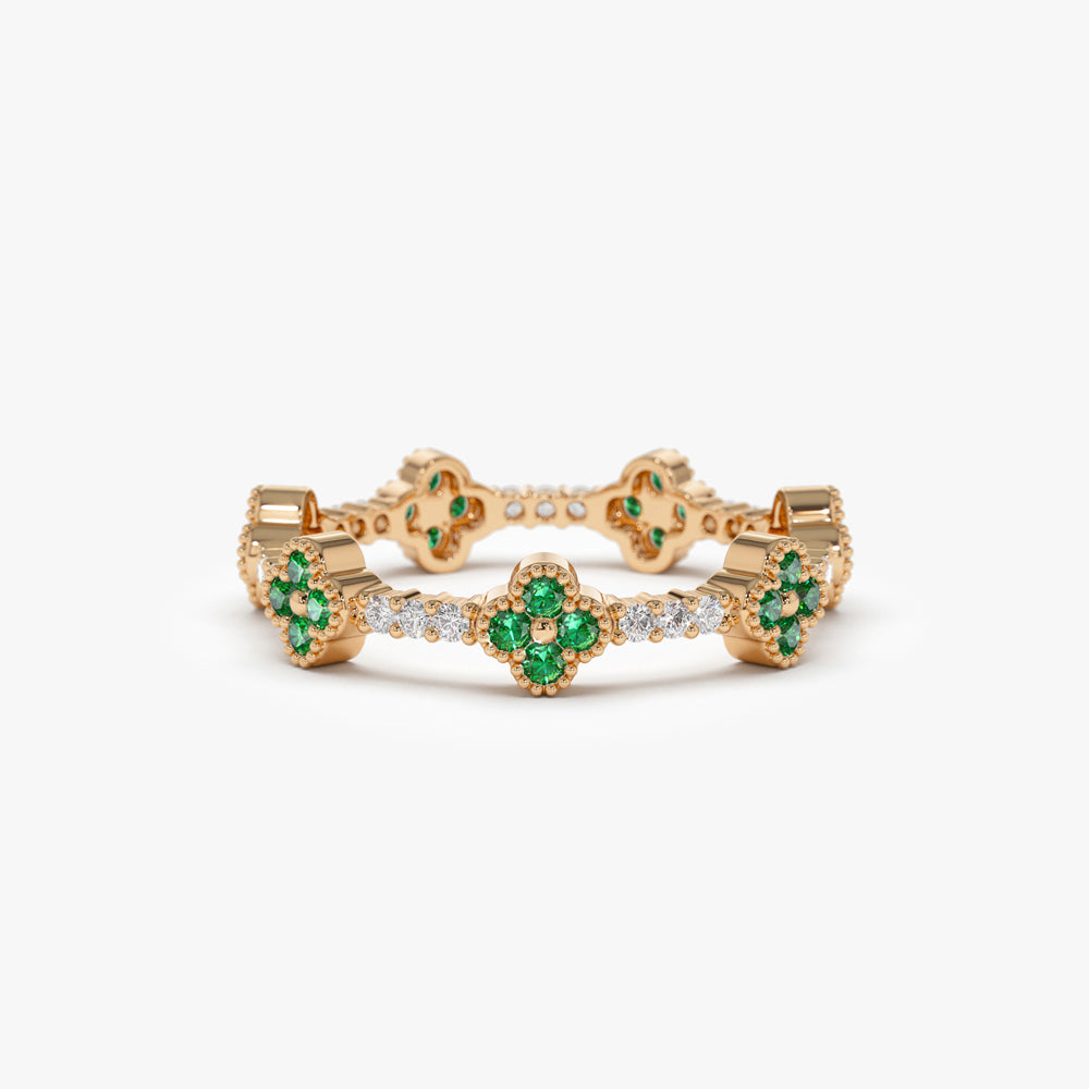 OBFJ1538 - 14k Full Eternity Clover Emerald and Diamond Ring 3