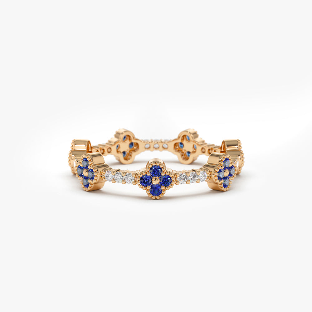 OBFJ1541 - 14k Full Eternity Clover Sapphire and Diamond Ring 6