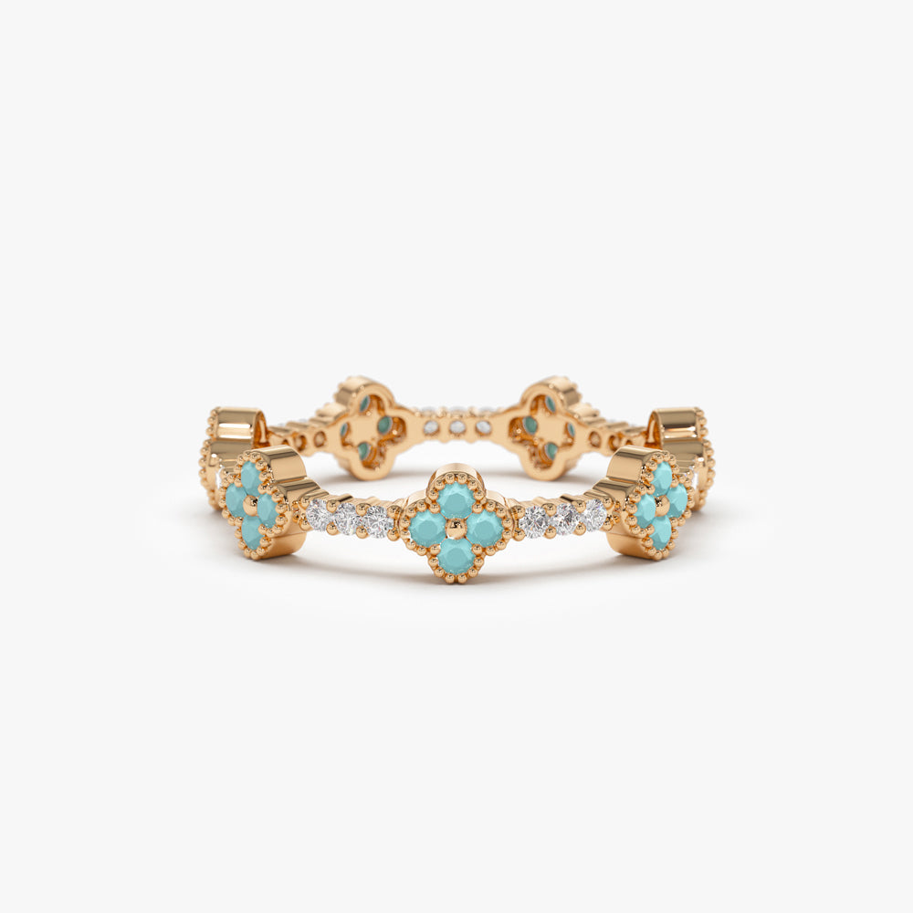 OBFJ1537 - 14k Full Eternity Clover Turquoise and Diamond Ring 4