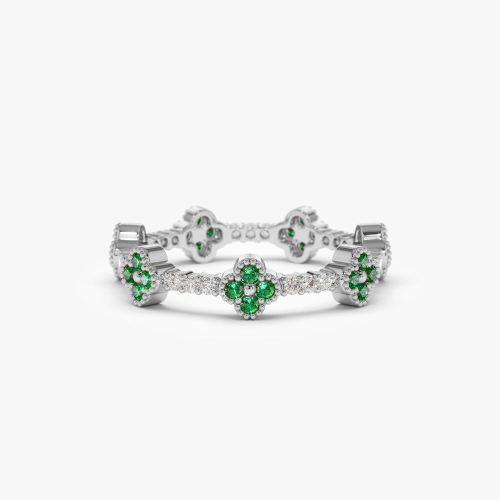 OBFJ1538 - 14k Full Eternity Clover Emerald and Diamond Ring 4