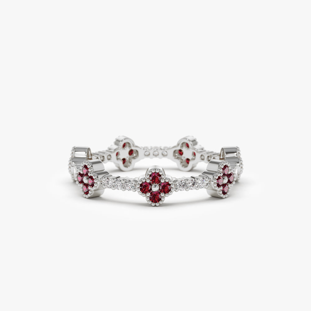 OBFJ2241 - Full Eternity Clover Ruby and Diamond Ring in 14k Gold 8
