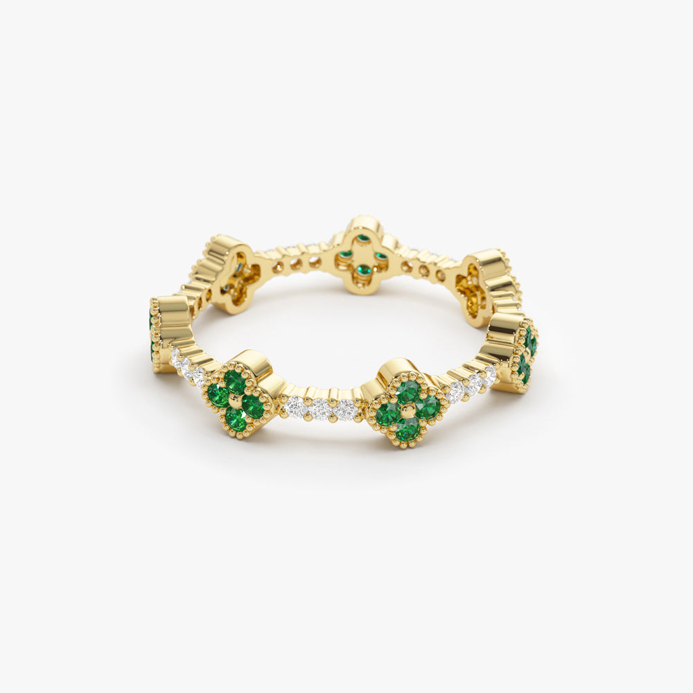 OBFJ1538 - 14k Full Eternity Clover Emerald and Diamond Ring 5