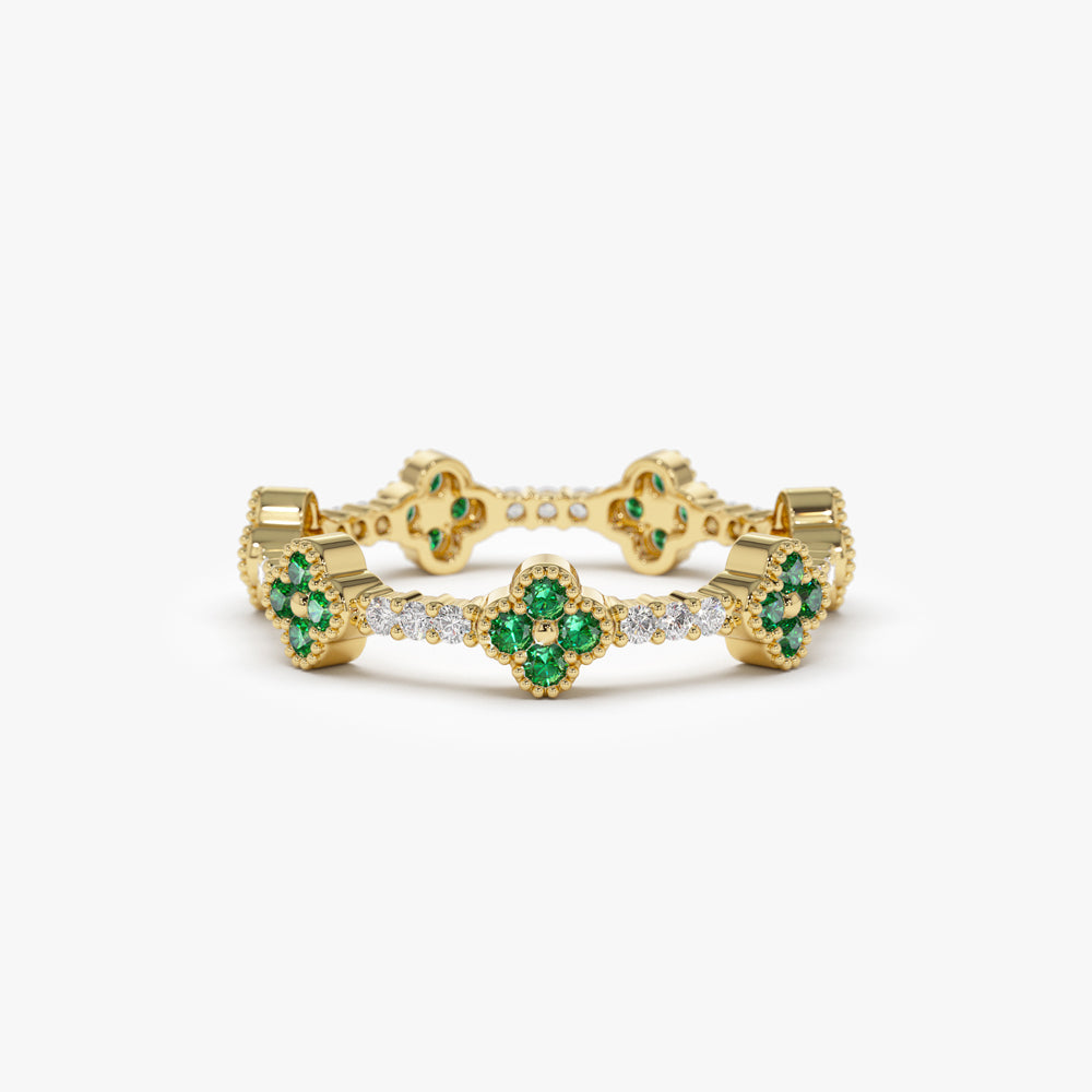 OBFJ1538 - 14k Full Eternity Clover Emerald and Diamond Ring 1