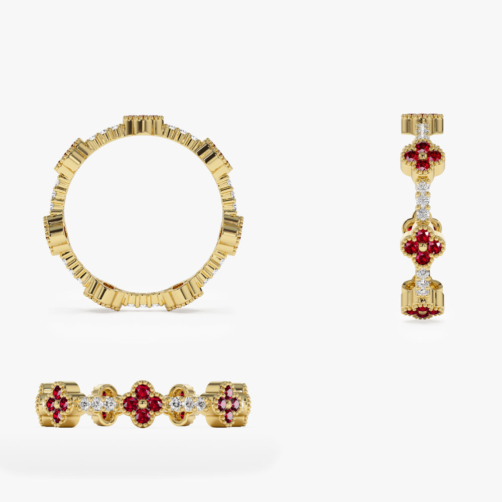 OBFJ2241 - Full Eternity Clover Ruby and Diamond Ring in 14k Gold 10