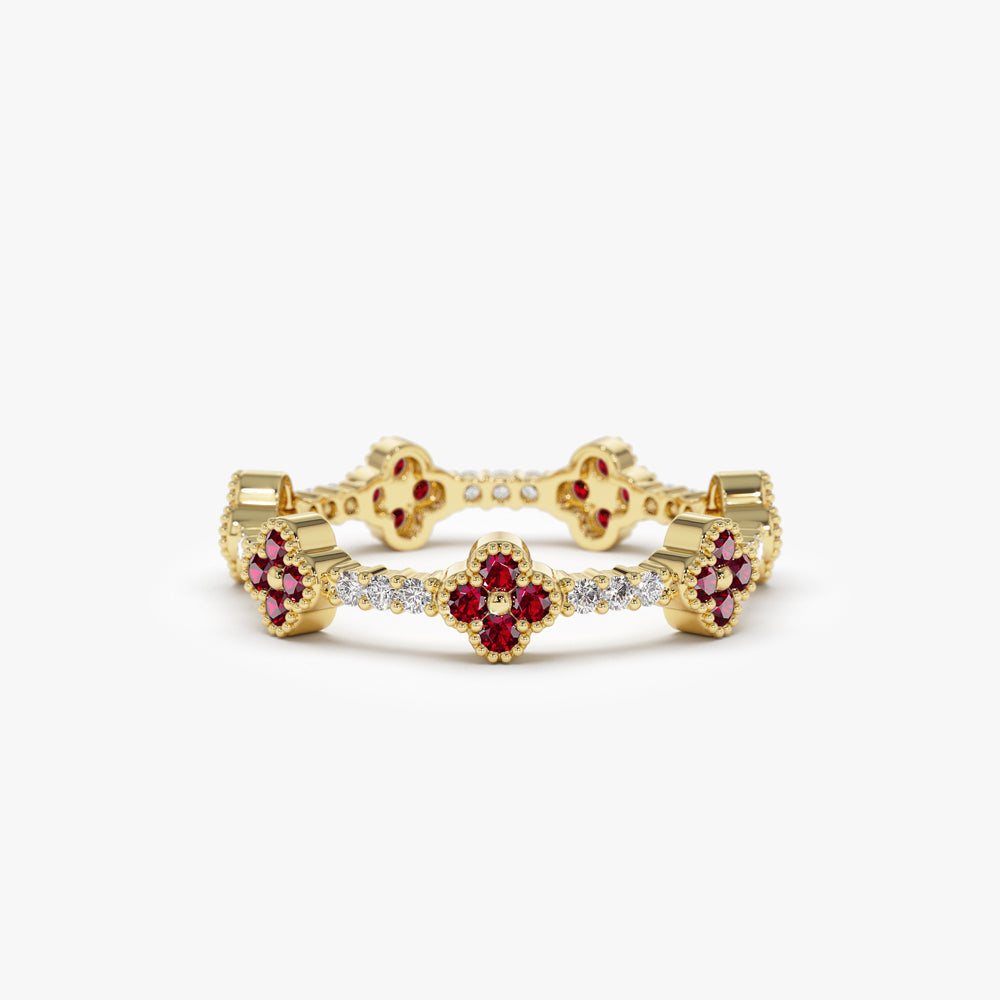OBFJ2241 - Full Eternity Clover Ruby and Diamond Ring in 14k Gold 1