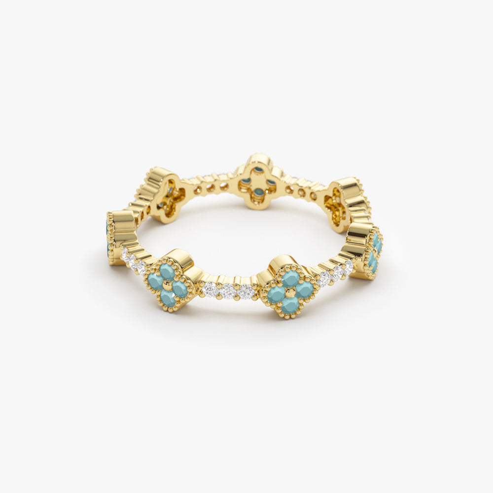 OBFJ1537 - 14k Full Eternity Clover Turquoise and Diamond Ring 5