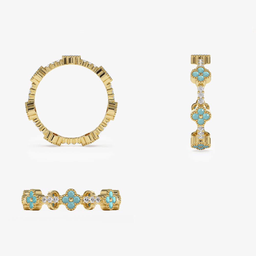 OBFJ1537 - 14k Full Eternity Clover Turquoise and Diamond Ring 6