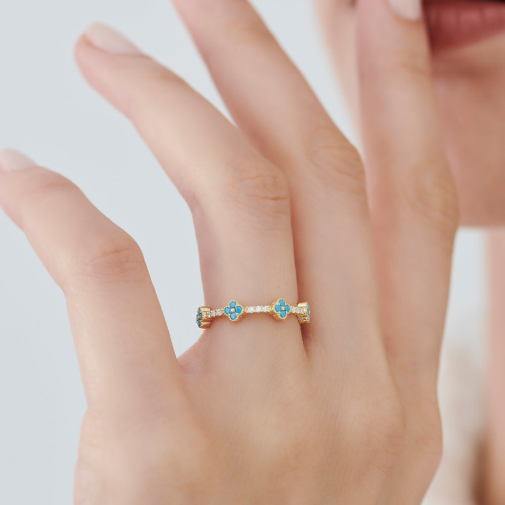 OBFJ1537 - 14k Full Eternity Clover Turquoise and Diamond Ring 2
