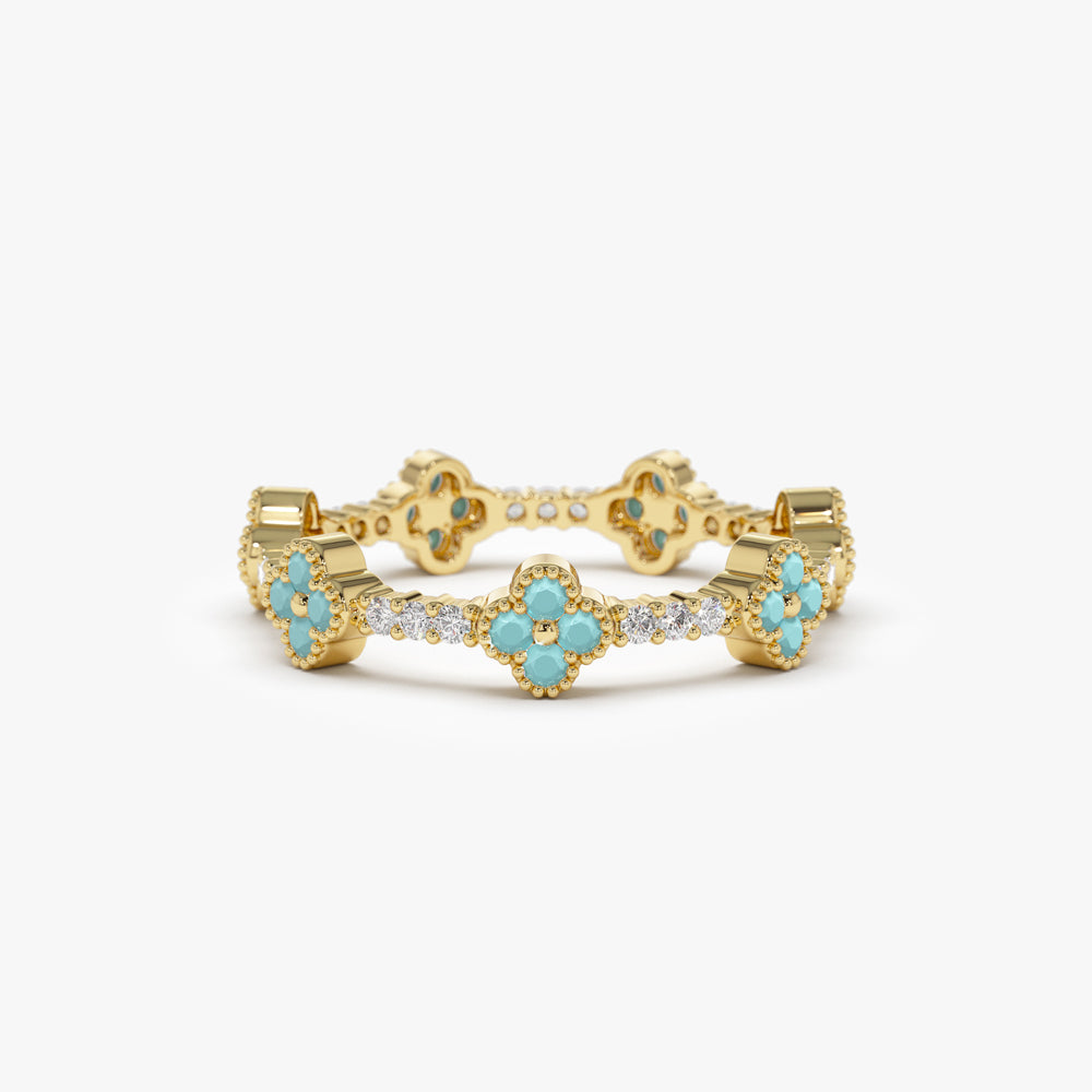 OBFJ1537 - 14k Full Eternity Clover Turquoise and Diamond Ring 1