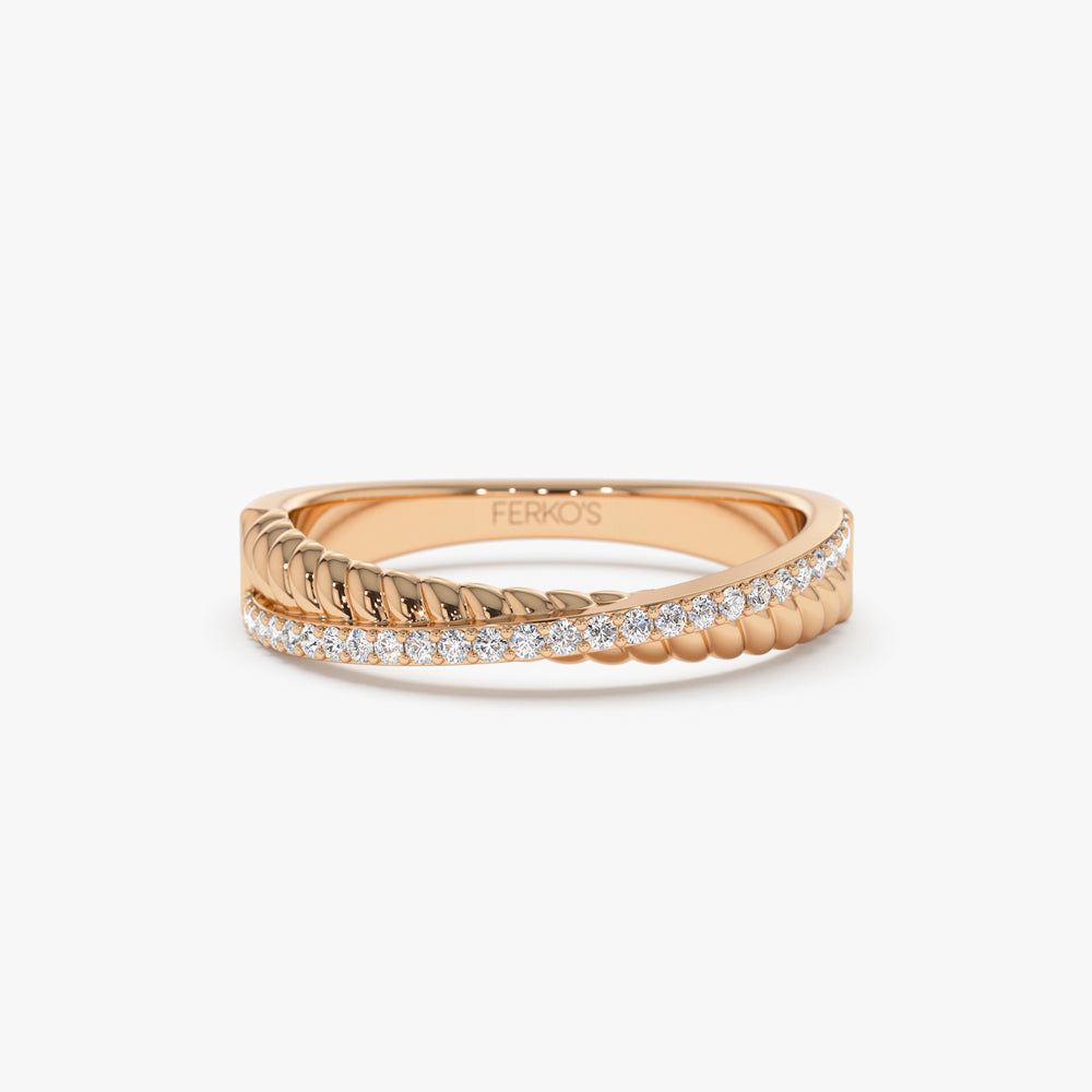 OBFJ1542 - 14k Gold Micro Pave Diamond Twisted Rope Criss Cross Ring 4