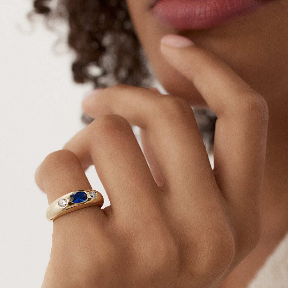 OBFJ1481 - 14k Oval Blue Sapphire with Round Diamonds Dome Ring 4