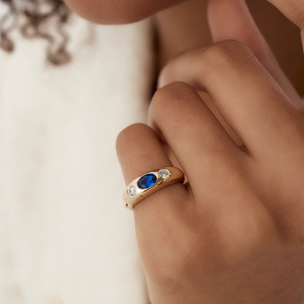 OBFJ1481 - 14k Oval Blue Sapphire with Round Diamonds Dome Ring 2