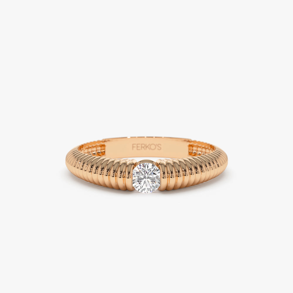 OBFJ1454 - 14k Gold Ribbed Gold Solitaire Diamond Ring 5