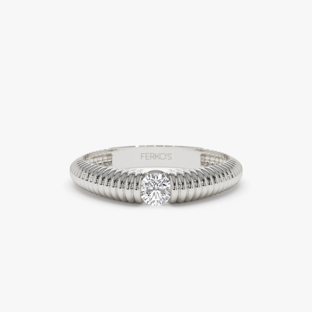 OBFJ1454 - 14k Gold Ribbed Gold Solitaire Diamond Ring 6