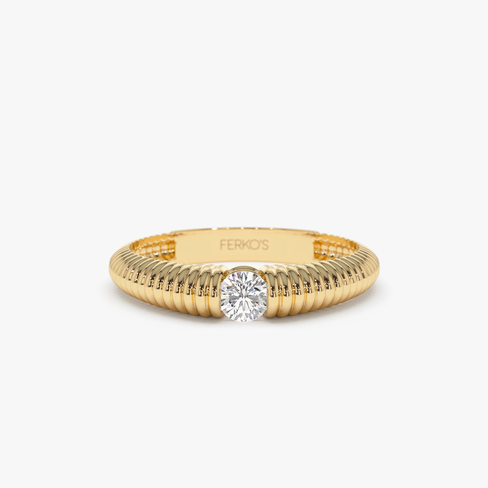 OBFJ1454 - 14k Gold Ribbed Gold Solitaire Diamond Ring 1