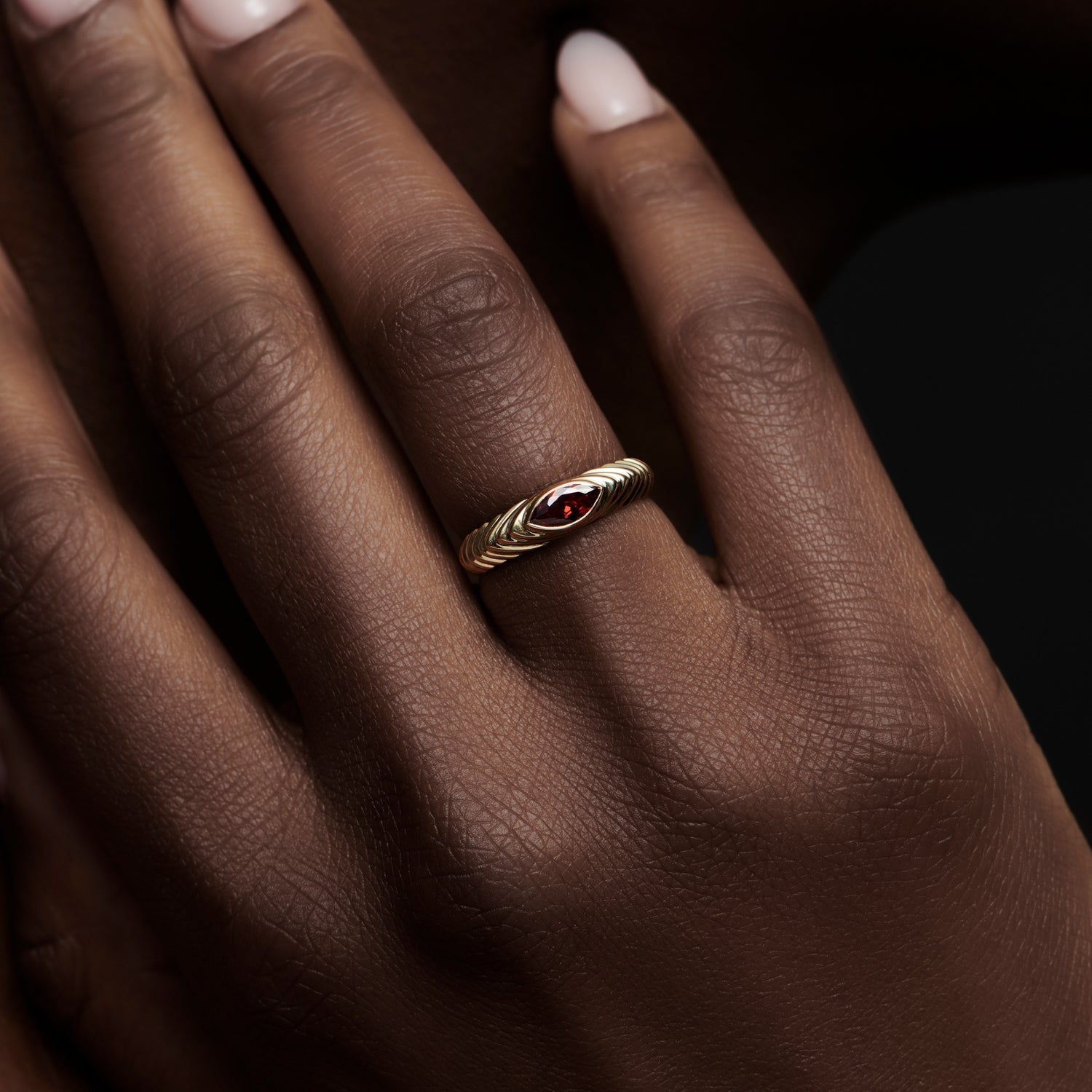 OBFJ1449 - 14k Marquise Shape Garnet Beveled Ring 2