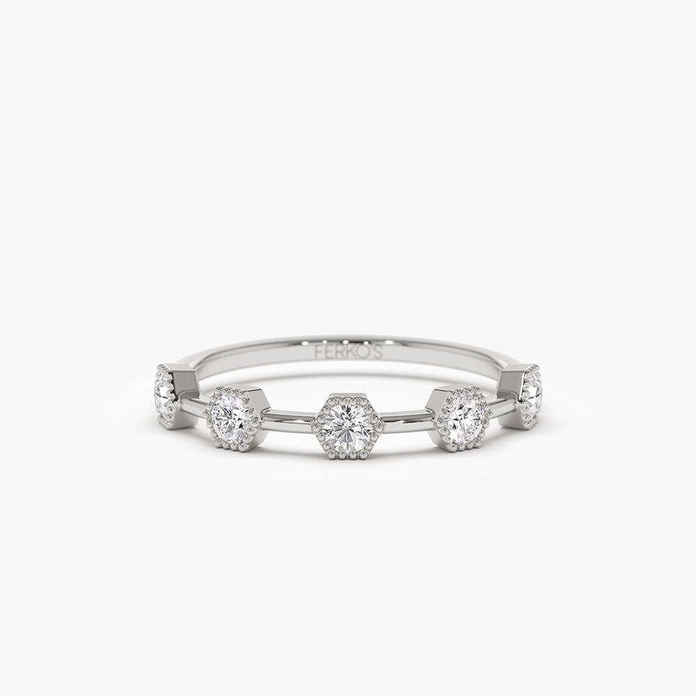 OBFJ1491 - 14k Hexagon Milgrain Setting Five Stone Diamond Ring 6