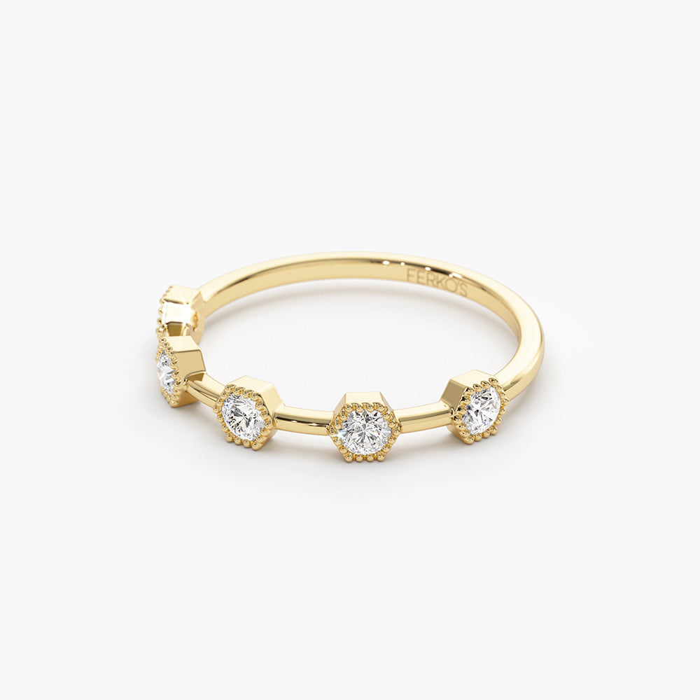 OBFJ1491 - 14k Hexagon Milgrain Setting Five Stone Diamond Ring 7