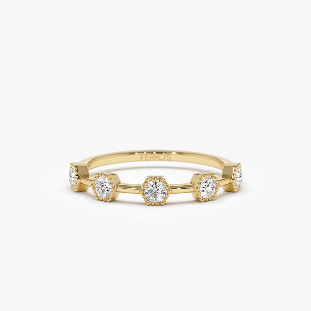 OBFJ1491 - 14k Hexagon Milgrain Setting Five Stone Diamond Ring 1