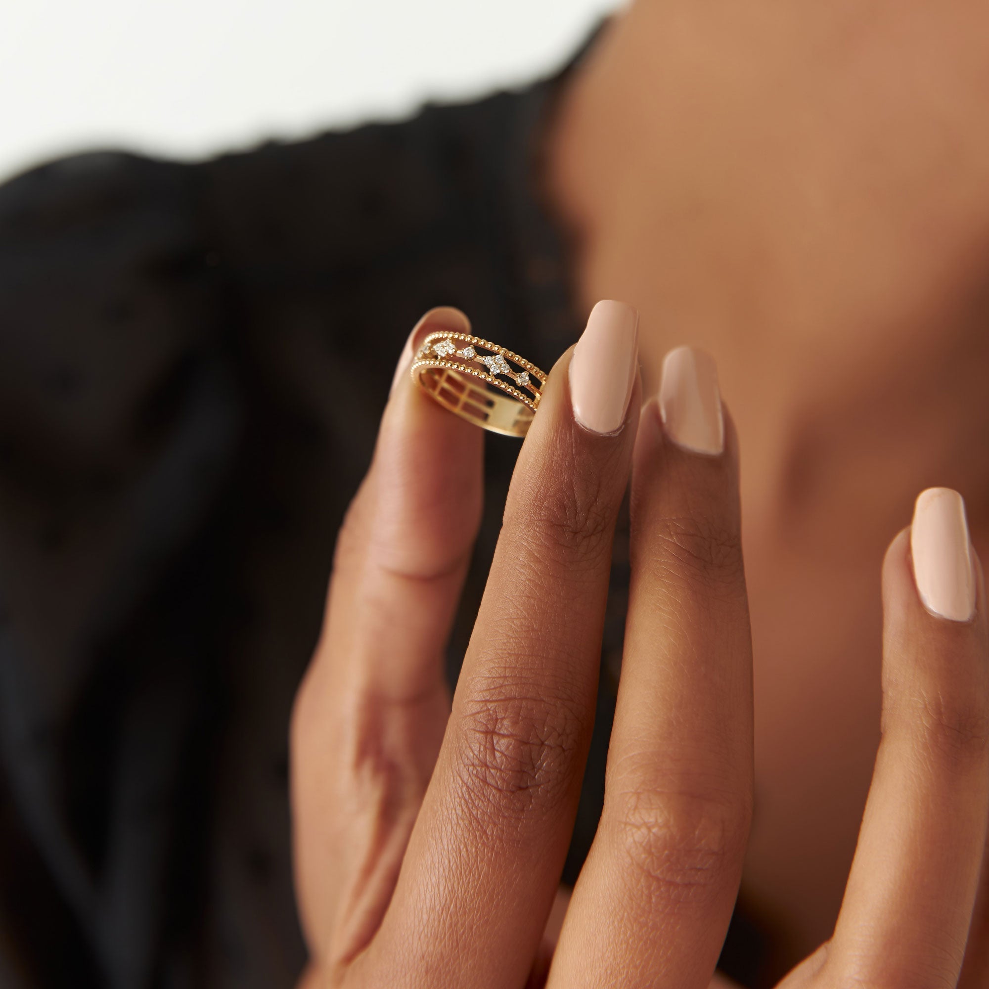 OBFJ1274 - 14k Diamond Statement Ring with Beaded Band 3