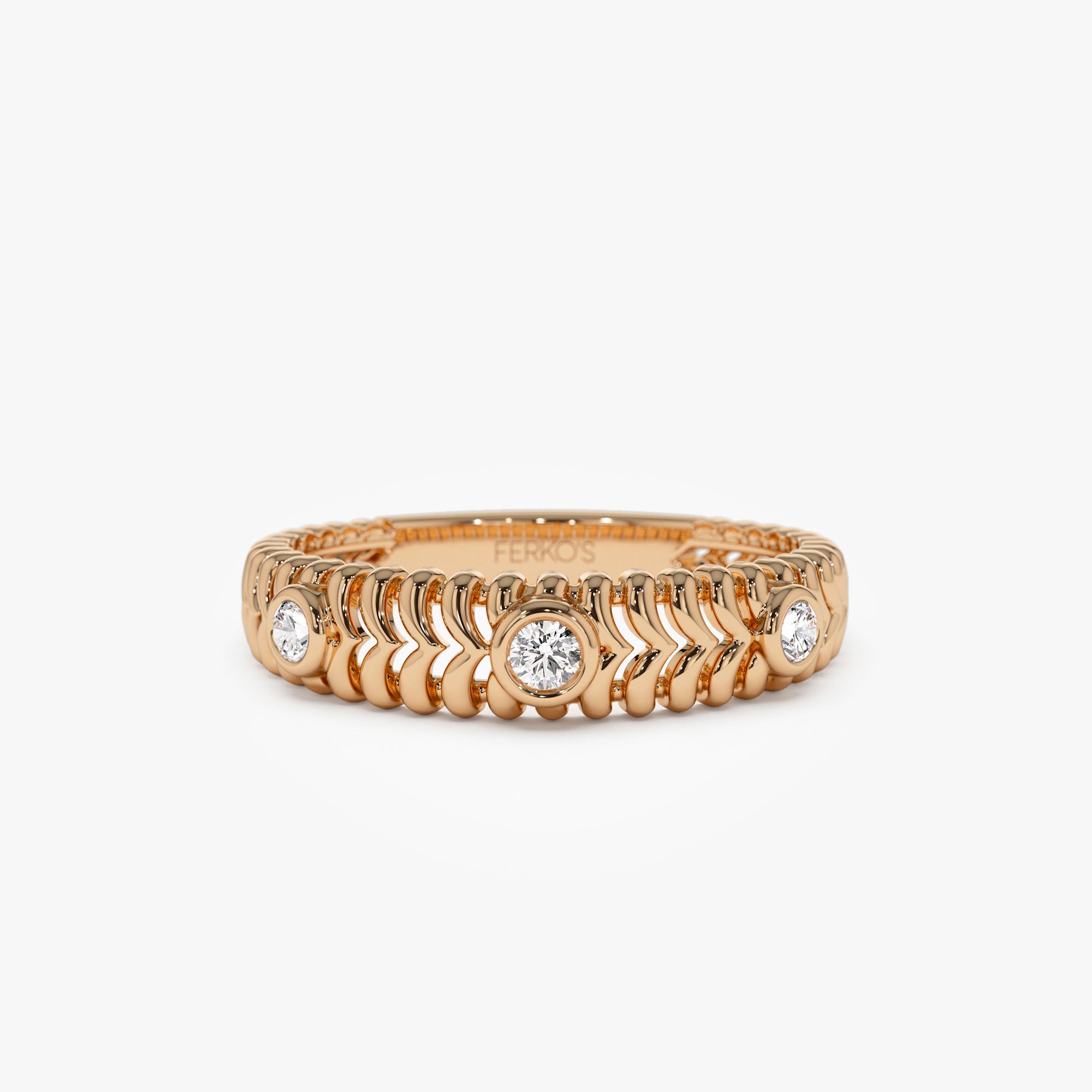 OBFJ1273 - 14k Unique Ribbed Three Stone Diamond Ring 6