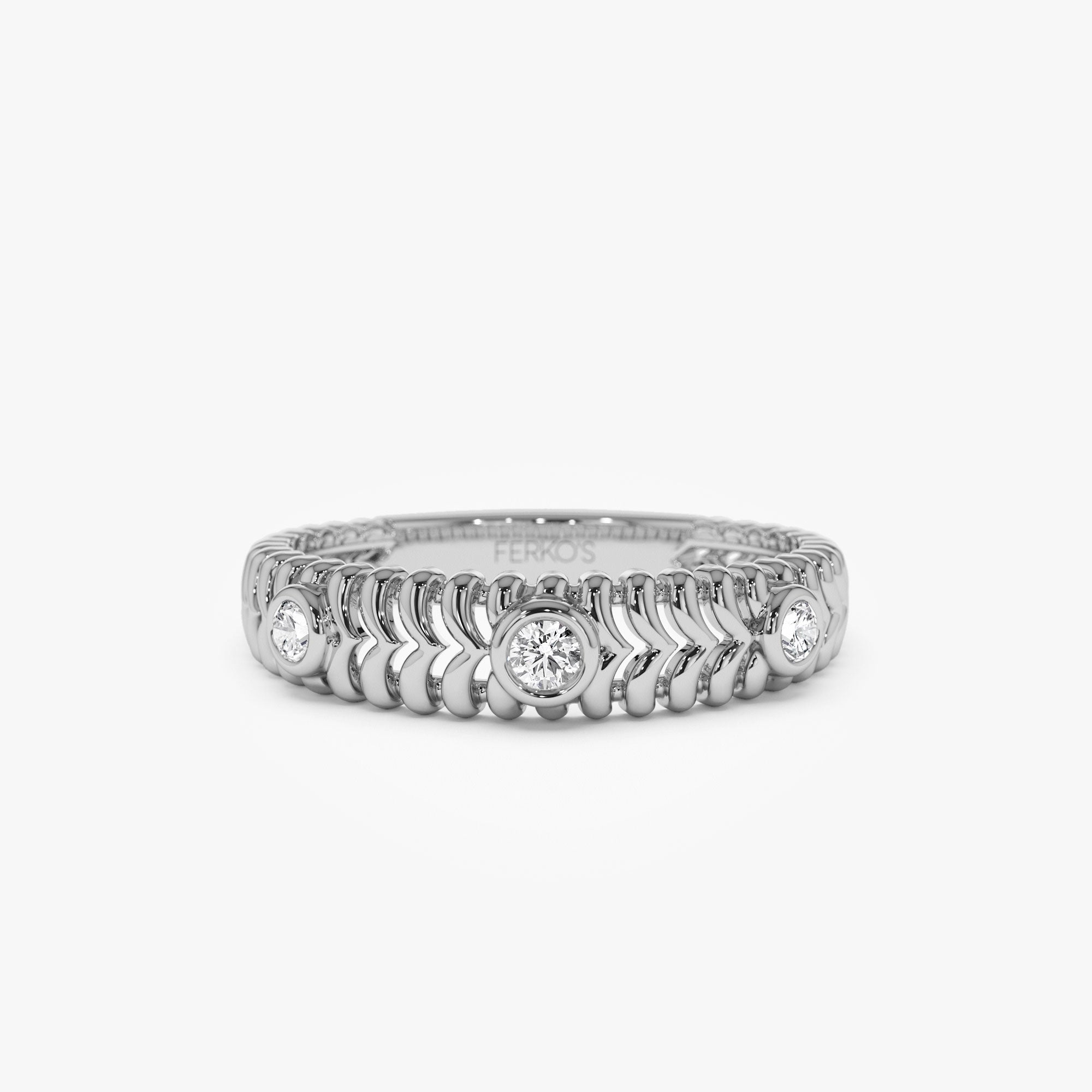 OBFJ1273 - 14k Unique Ribbed Three Stone Diamond Ring 7