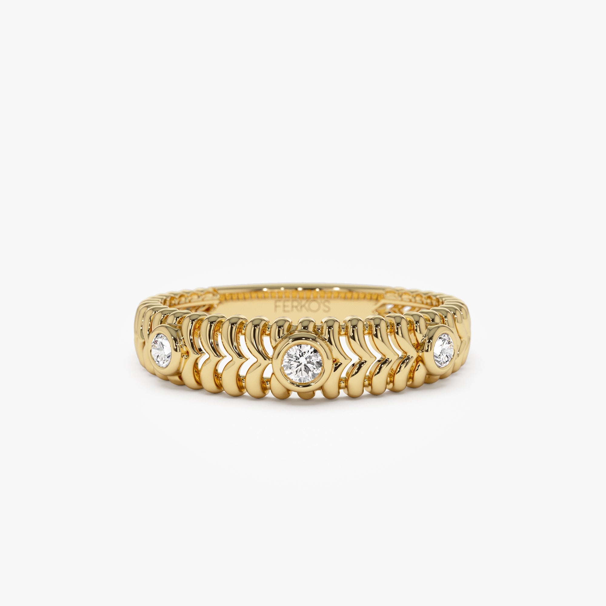 OBFJ1273 - 14k Unique Ribbed Three Stone Diamond Ring 1