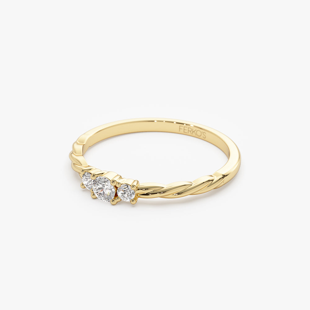 OBFJ1141 - 14k Gold Three Stone Dainty Diamond Twisted Ring 6