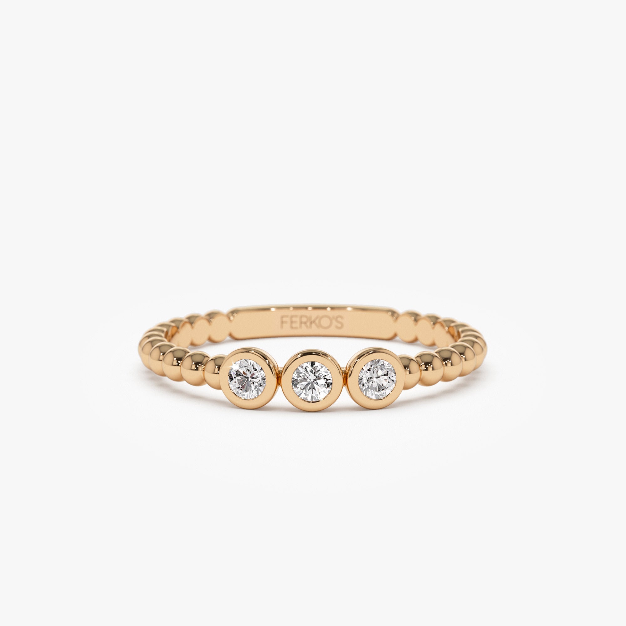 OBFJ1278 - 14k Beaded Three Stone Diamond Ring 5
