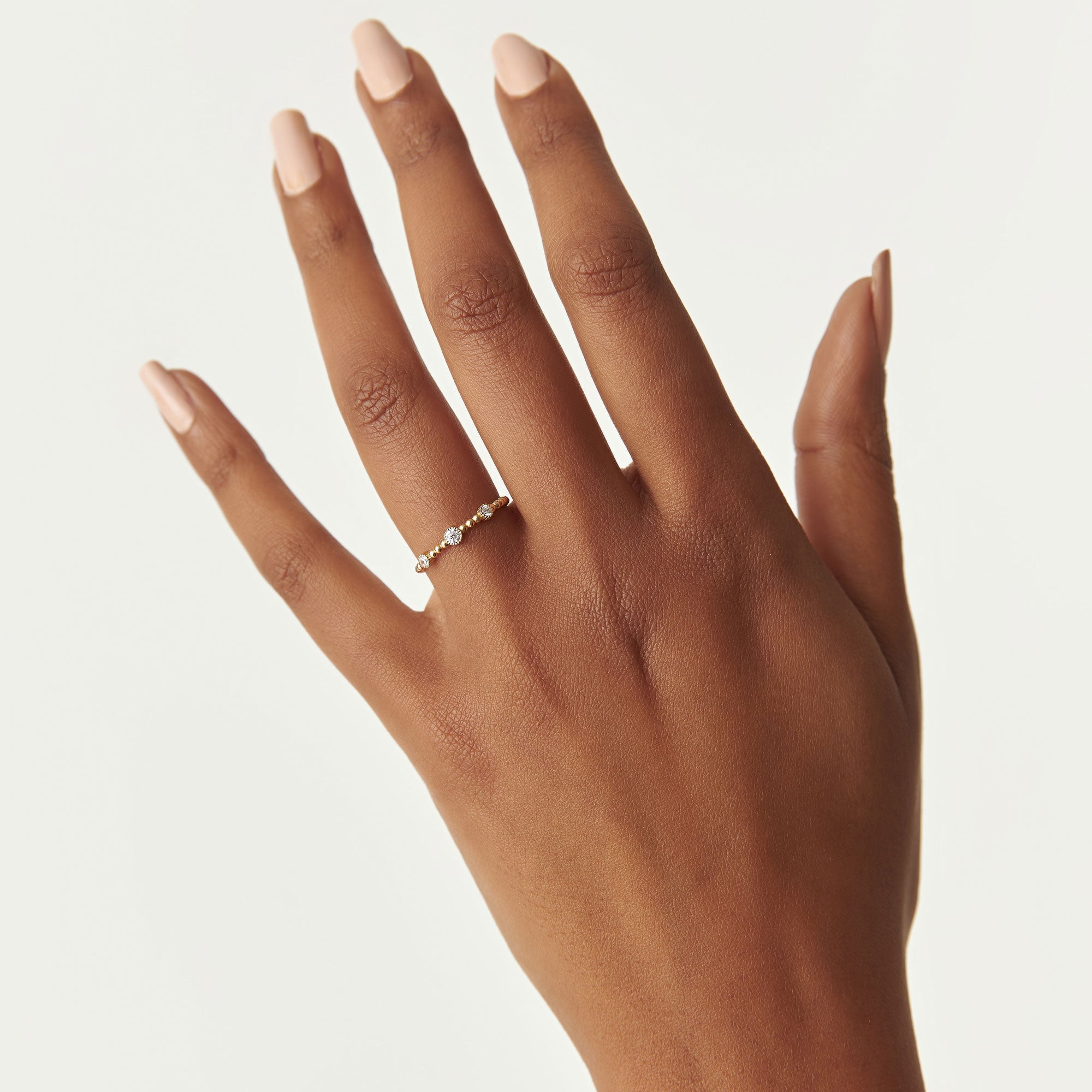 OBFJ1249 - 14k Bead Band Ring with Three Bezel Setting Diamonds 3