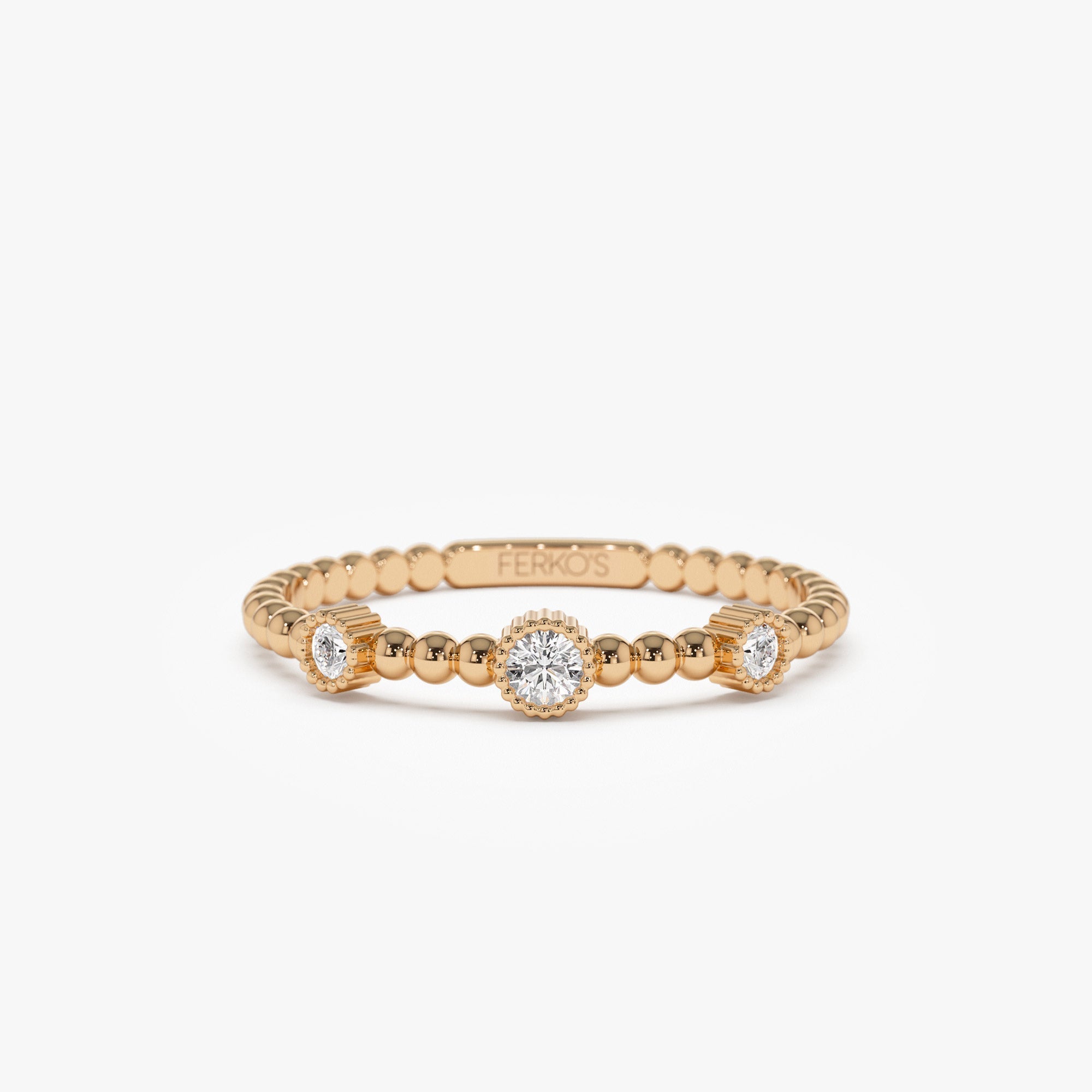OBFJ1249 - 14k Bead Band Ring with Three Bezel Setting Diamonds 4