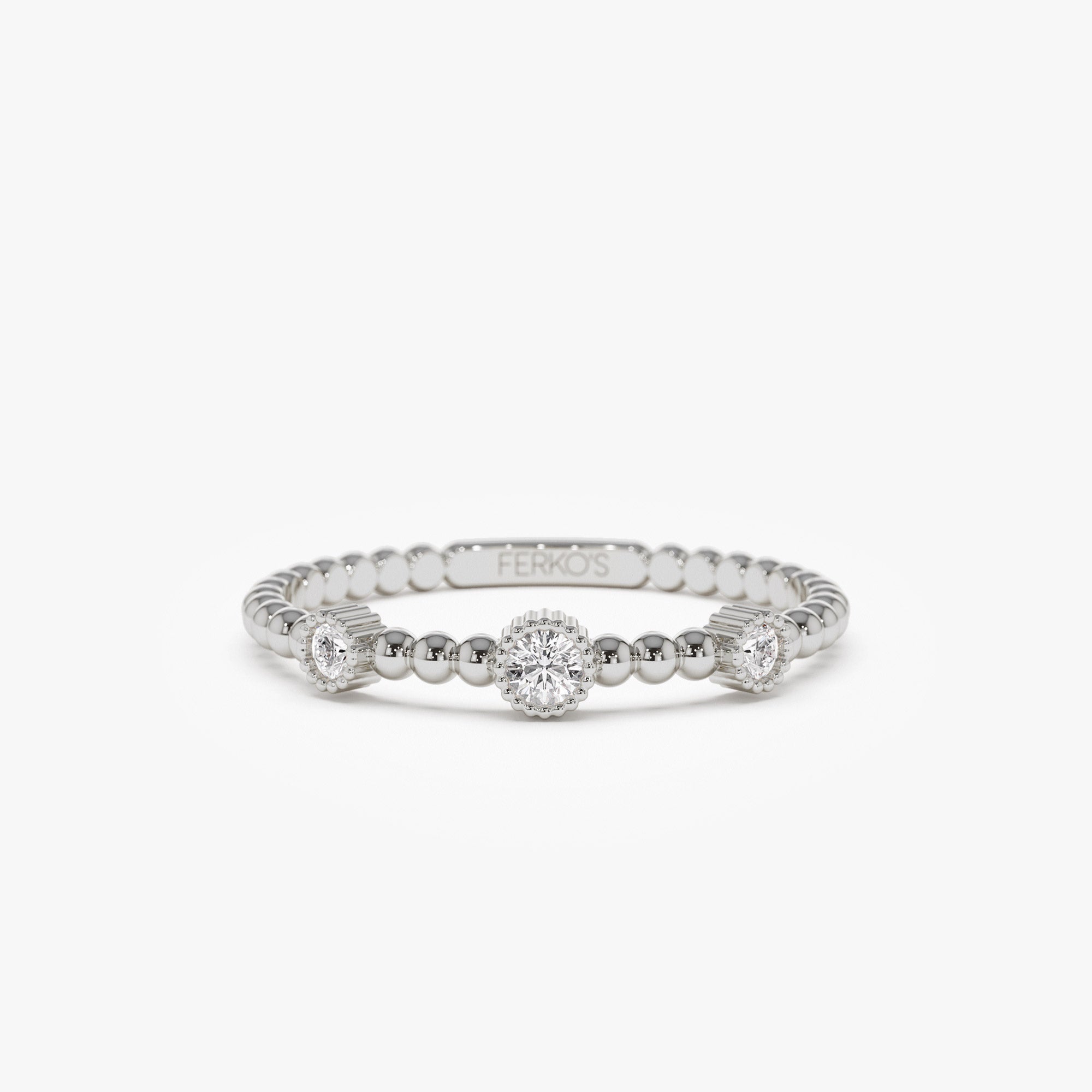 OBFJ1249 - 14k Bead Band Ring with Three Bezel Setting Diamonds 5