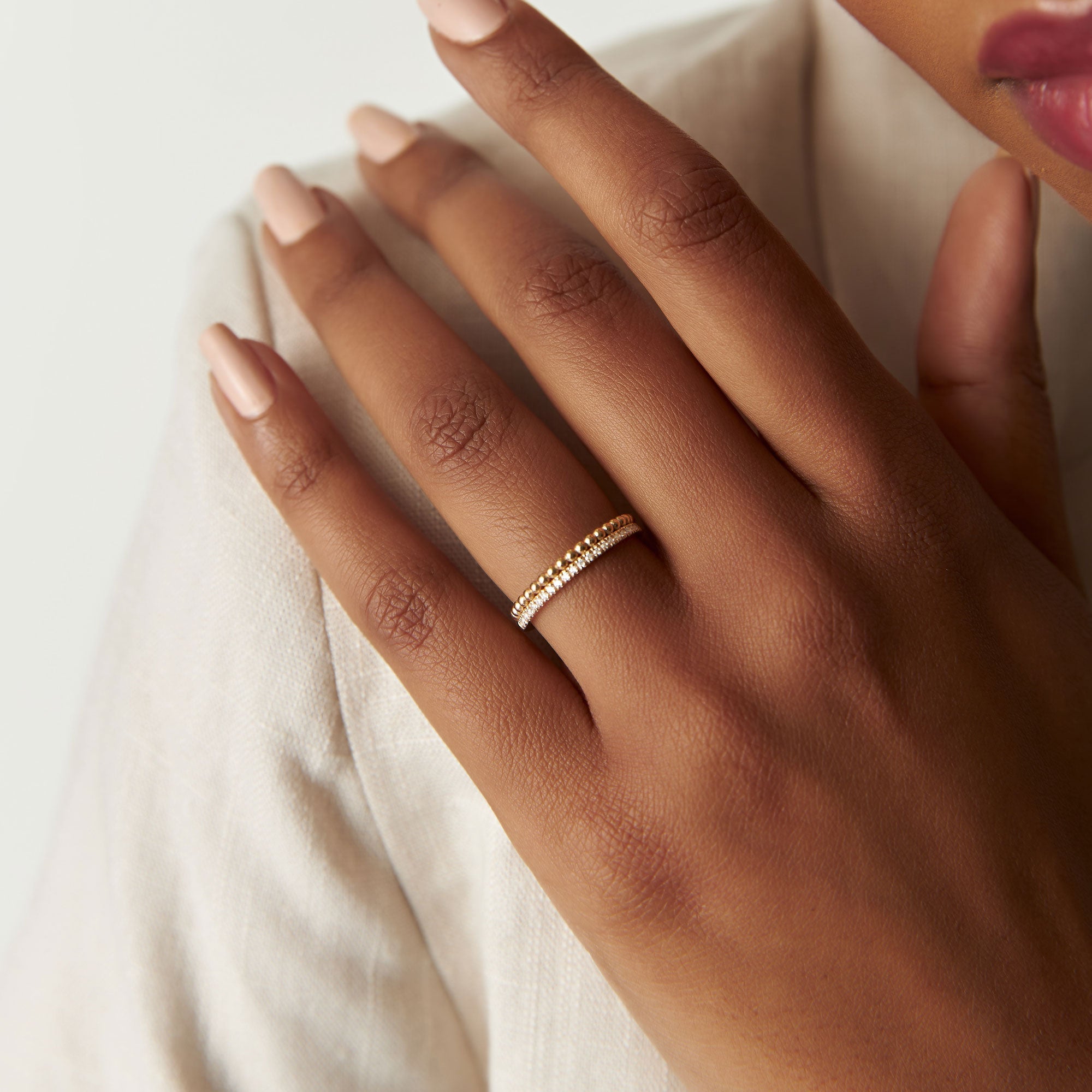 OBFJ1356 - 14K Stacked Beaded Ring with Diamond Ring 2