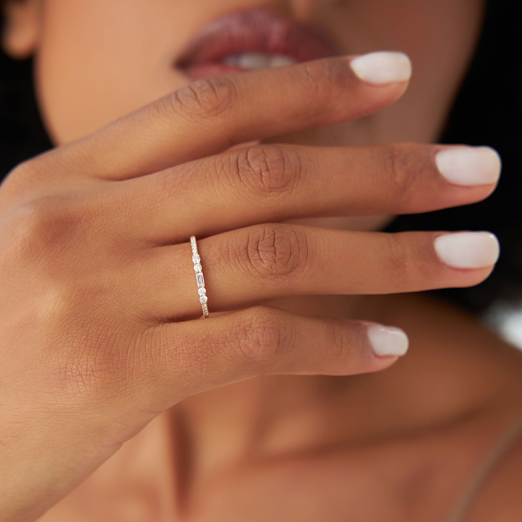 OBFJ0963 - 14k Baguette and Round Diamond Dainty Stackable Ring 5