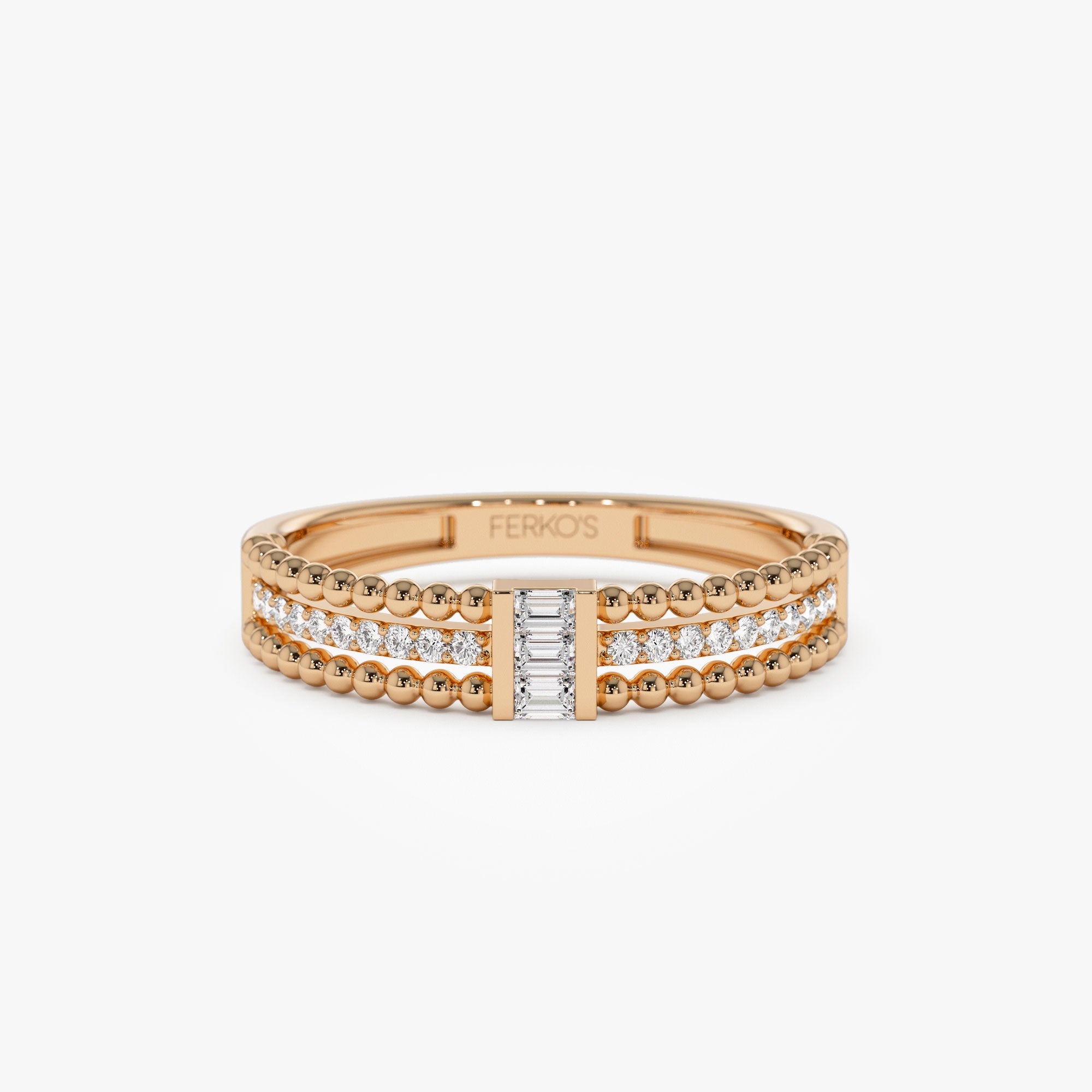 OBFJ1359 - 14k Beaded Baguette and Round Diamond Ring 4