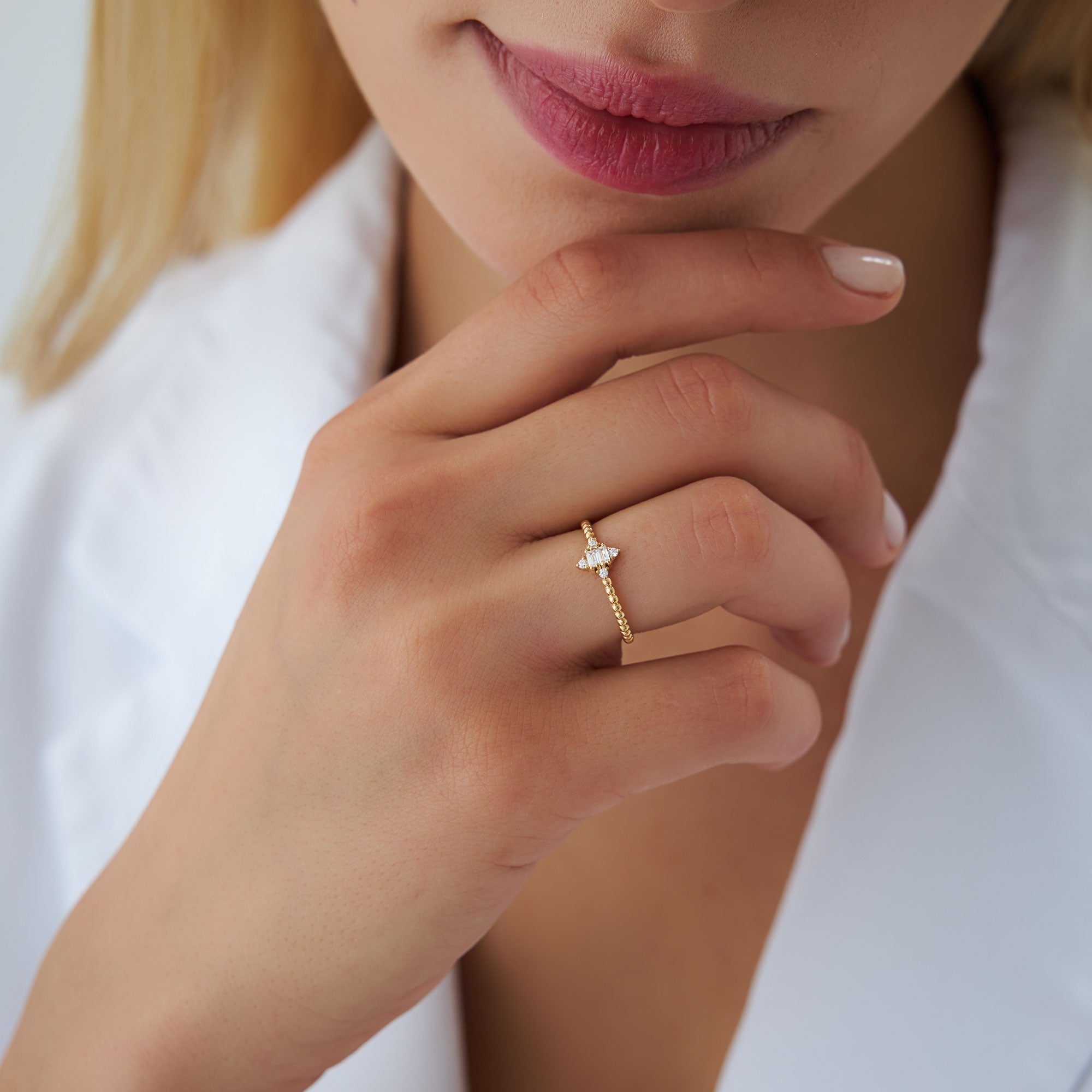 OBFJ1242 - 14k Beaded Baguette and Round Diamond Stacking Ring 3
